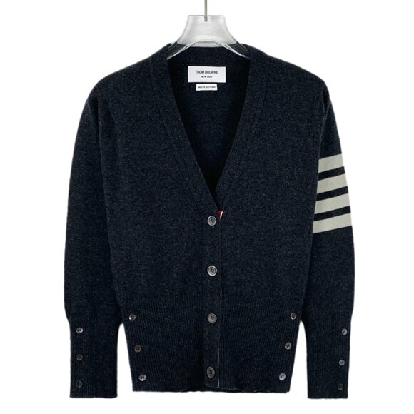 Thom Browne Dark gray cashmere V-neck cardigan - Picture 1 of 6